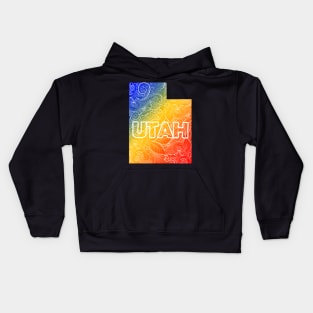 Colorful mandala art map of Utah with text in blue, yellow, and red Kids Hoodie